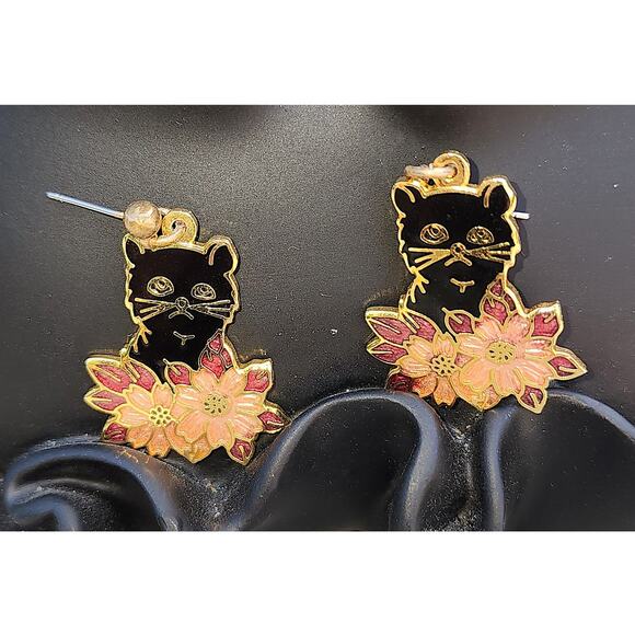 Cloisonne Gold Tone Black Cat Flowers Enamel Pierced Dangle Earrings - Picture 7 of 8